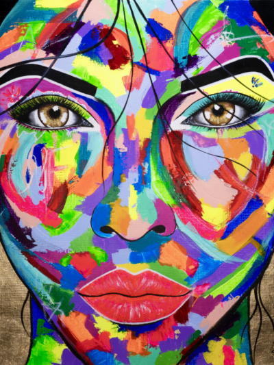 Toile d'un portrait coloré nommée Équinoxe peinte en 2023 par l'artiste peintre Émilie Grison plus connu sous le nom de Dans les pinceaux d'Émilie